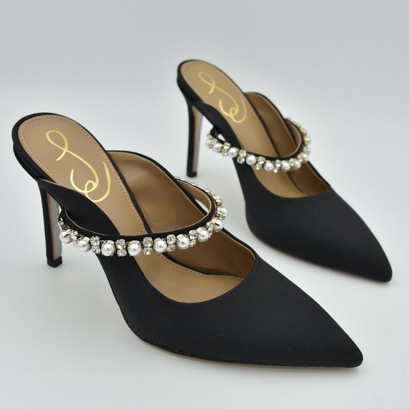 Sam Edelman Shoes - Like-New Sam Edelman Highland Mule Pump Heels with Bejeweled Strap, Black, Sz. 5